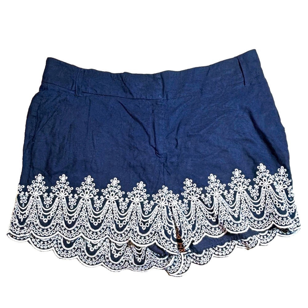 Crown & Ivy Women's Blue Chino Shorts Size 10 Scalloped Hem Embroidered